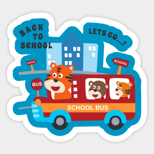 School bus cartoon. Cute animal in school bus. Sticker